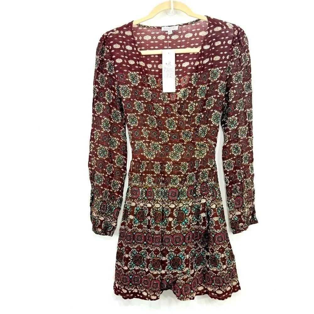 Patrons of Peace Brown Burgundy Medallion Floral Autumn Boho Mini Wrap Dress NEW
